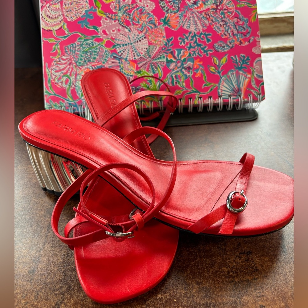 Farm Rio Red Monstera Heeled Scallop Strappy Sandal Sample